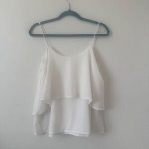 Chic White Layered Chiffon Cami Tank Top‎ Women's L Flowy Spaghetti Strap